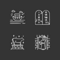 Conjunto de iconos de tiza de narrativas bíblicas. la pascua, los mitos del diluvio, los diez mandamientos. leyendas religiosas. religión cristiana, escenas de libros sagrados. historias bíblicas. ilustraciones de pizarra vector aislado