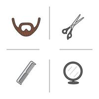 Barber shop color icons set. Beard, scissors, comb and round mirror. Vector isolated illustrations