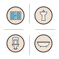 Bathroom color icons set. Cabinet, bath, toilet, washstand. Vector isolated illustrations