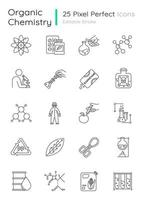 Science experiment linear icons set. Biotechnology equipment. Work in laboratory. Changing nature. Organic chemistry. Thin line contour symbols. Isolated vector outline illustrations. Editable stroke