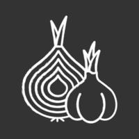 Onion and garlic chalk icon. Nutrition vegan food. Ripe root. Sliced vegetable. Cut bulbe. Common cold aid. Healthcare. Flu infection cure. Grippe help. Isolated vector chalkboard illustration