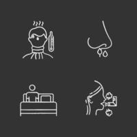 Common cold chalk icons set. Fever and high temperature. Drip nose. Nasal sickness. Bed rest, relaxation. Inhalation. Healthcare and medicine. Influenza virus. Isolated vector chalkboard illustrations