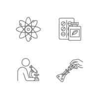Science development linear icons set. Biotechnology products. Work in lab. Microbiology scientist. Organic chemistry. Thin line contour symbols. Isolated vector outline illustrations. Editable stroke