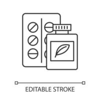 Herbal medicine linear icon. Organic chemistry. Pharmaceutical products. Organic compounds against illnesses. Thin line illustration. Contour symbol. Vector isolated outline drawing. Editable stroke