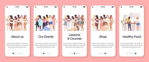 Body positive onboarding mobile app screen vector template. Events, lessons and courses. Healthy food. Walkthrough website steps with flat characters. UX, UI, GUI smartphone cartoon interface concept