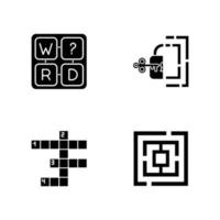 Puzzles and riddles glyph icons set. Missing letter game. Maze, labirynth. Crossword. Logic games. Mental exercise. Challenge. Brain teaser. Silhouette symbols. Vector isolated illustration