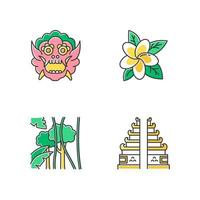 Indonesia color icons set. Tropical country plants. Vacation in Indonesian islands. Exploring exotic traditions, culture. Unique flora. Bali sightseeing and architecture. Isolated vector illustrations