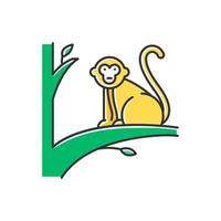 Monkey on tree color icon. Tropical country animal, mammal. Exploring exotic Indonesia islands wildlife. Primate sitting. Visiting Balinese forest fauna. Isolated vector illustration