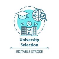 University selection concept icon. Choose college. Higher education abroad. International distance learning idea thin line illustration. Vector isolated outline drawing. Editable stroke