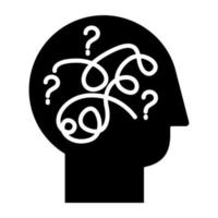 Puzzled mind glyph icon. Mental exercise. Intelligence test. Critical thinking. Brain teaser. Logic questions. Solution finding. Silhouette symbol. Negative space. Vector isolated illustration