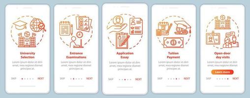University entrance onboarding mobile app page screen vector template. Tuition payment. Essay, exam. Walkthrough website steps with linear illustrations. UX, UI, GUI smartphone interface concept