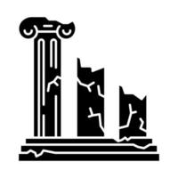 Ancient ruins glyph icon. Broken columns. Greek pillars. Lost cities and civilizations. Archeology. Historical monuments. Silhouette symbol. Negative space. Vector isolated illustration