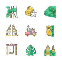 Indonesia color icons set. Tropical country animals. Trip to Indonesian islands. Exploring exotic wildlife. Unique flora and fauna. Bali sightseeing and architecture. Isolated vector illustrations