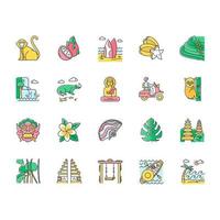 Indonesia color icons set. Tropical country animals. Trip to Indonesian islands. Exploring exotic culture. Unique fruits and plants. Nature and architecture wonders. Isolated vector illustrations