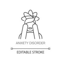 Anxiety disorder linear icon. Fear. Panic attack. Distress. Migraine. Mental problem. Stress and tension. Thin line illustration. Contour symbol. Vector isolated outline drawing. Editable stroke