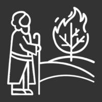 Moses and the burning bush Bible story chalk icon. Prophet and tree in flame. Religious legend. Christian religion, holy book scene plot. Biblical narrative. Isolated vector chalkboard illustration