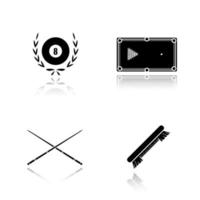 Billiard equipment drop shadow black icons set. Billiard brush, table, cues and eight ball in laurel wreath. Pool accessories isolated vector illustrations