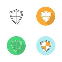 Shield icon. Flat design, linear and color styles. Protection, security, defense, guard, armor and safety pictogram. Isolated vector illustrations