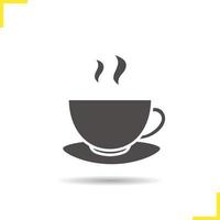 Steaming tea cup on plate icon. Drop shadow silhouette symbol. Negative space. Vector isolated illustration