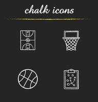 Basketball icons set. Basketball hoop, ball and field, clipboard game plan illustrations. Isolated vector chalkboard drawings