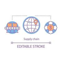 Supply chain concept icon. SCM idea thin line illustration. Logistic, delivery. Global supplying management. Business sustainability, traceability. Vector isolated outline drawing. Editable stroke