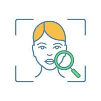 Face scanning color icon. Facial recognition. Human head and magnifying glass. Face ID. Identity verification. Isolated vector illustration
