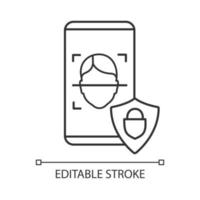 icono lineal de reconocimiento facial de la aplicación bancaria. Ilustración de línea fina de aplicación de bloqueo facial. símbolo de contorno del software de escaneo de identificación facial. privacidad protegida. dibujo de contorno aislado vectorial. trazo editable vector