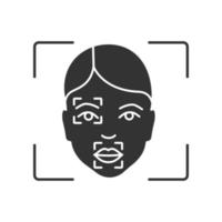 Face scanning procedure glyph icon. Silhouette symbol. Facial recognition markers, points. Partial matching analysis. Negative space. Vector isolated illustration