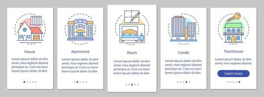 Real estate onboarding mobile app page screen with linear concepts. House, apartment, room, condo, townhouse walkthrough steps graphic instructions. UX, UI, GUI vector template with illustrations