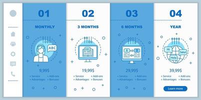 Language e-learning subscription onboarding mobile app screens with service prices. Walkthrough website pages templates. Foreign language courses tariff plans steps. Smartphone payment web page layout vector