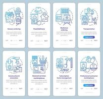 On demand economy onboarding mobile app page screen vector templates set. Commercial services industry walkthrough website steps with linear illustrations. UX, UI, GUI smartphone interface concepts