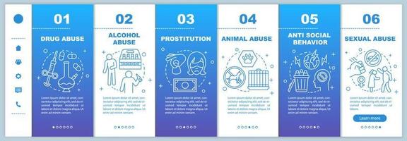 Social issues onboarding mobile web pages vector template. Single parenthood, child labour, abortion, gender inequality. Responsive smartphone website interface. Webpage walkthrough step screens