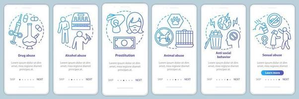 Behavioral problems onboarding mobile app page screen with linear concept. Drug and alcohol abuse, sexual harassment walkthrough graphic instructions. UX, UI, GUI vector template with icon