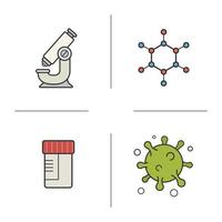 Science laboratory color icons set. Microscope, molecule structure and virus, medical tests jar. Vector isolated illustrations