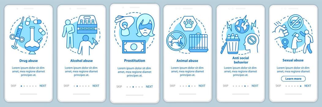 Problemas de comportamiento al incorporar la pantalla de la página de la aplicación móvil con concepto lineal. abuso de drogas y alcohol, instrucciones gráficas paso a paso de acoso sexual. ux, ui, plantilla de vector de interfaz gráfica de usuario con icono