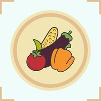 Vegetables color icon. Grocery store items. Corn, eggplant, bell pepper, tomato on wooden plate. Vector isolated illustration