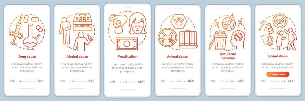 Problemas de comportamiento al incorporar la pantalla de la página de la aplicación móvil con concepto lineal. abuso de drogas y alcohol, instrucciones gráficas paso a paso de acoso sexual. ux, ui, plantilla de vector de interfaz gráfica de usuario con icono