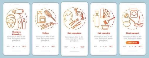 Hairdresser salon services red onboarding mobile app page screen vector template. Hair styling parlor. Walkthrough website steps with linear illustrations. UX, UI, GUI smartphone interface concept