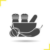 Spices icon. Negative space. Drop shadow silhouette symbol. Salt and pepper shakers, chilli, garlic, mortar and pestle. Vector isolated illustration