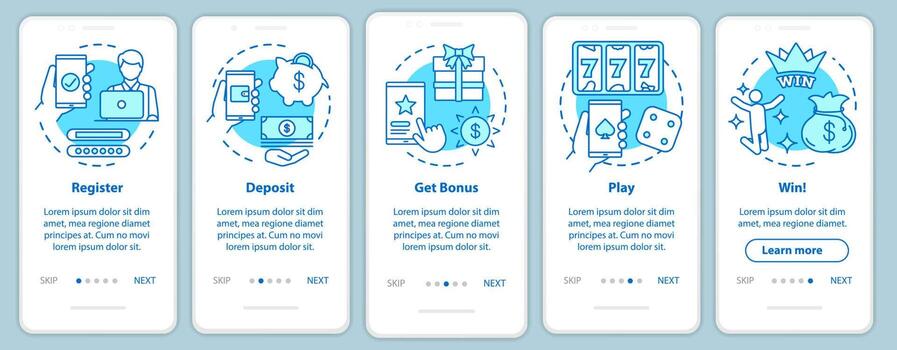 Online casino onboarding mobile app page screen with linear concepts. Register, deposit, get bonus, play and win. Walkthrough steps graphic instructions. UX, UI, GUI vector template with illustrations
