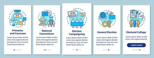 elecciones integrando la pantalla de la página de la aplicación móvil con conceptos lineales. política y eventos sociales. instrucciones gráficas de cinco pasos de tutorial. ux, ui, plantilla de vector de interfaz gráfica de usuario con ilustraciones