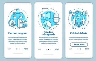 Elections onboarding mobile app page screen with linear concepts. Election program, political debate. Three walkthrough steps graphic instructions. UX, UI, GUI vector template with illustrations