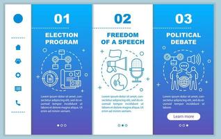 Election day onboarding mobile web pages vector template. Free speech. Responsive smartphone website interface idea with linear illustrations. Webpage walkthrough step screens. Color concept