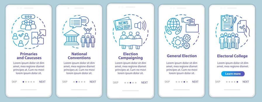 Elections onboarding mobile app page screen vector template. Politics and social events. Walkthrough website steps with linear illustrations. UX, UI, GUI smartphone interface concept