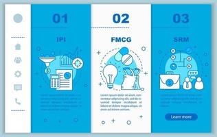 plantilla de vector de páginas web móviles de incorporación de gestión de la industria. ipi, fmcg, srm. idea de interfaz de sitio web de teléfono inteligente sensible con ilustración lineal. pantallas de pasos del tutorial de la página web. concepto de color