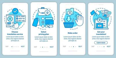 proceso de servicio de traducción azul de incorporación de la pantalla de la página de la aplicación móvil con conceptos lineales. seleccione el plan de precios, realice el pedido paso a paso instrucciones gráficas. ux, ui, plantilla de vector de interfaz gráfica de usuario con iconos