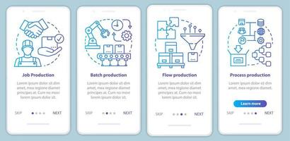 Manufacturing method blue onboarding mobile app page screen vector template. Job, batch, flow, process production. Walkthrough website steps with linear icons. UX, UI, GUI smartphone interface concept