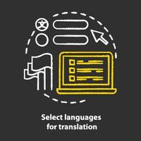 seleccionar idiomas para la traducción icono del concepto de tiza. idea de software de traductor. lingüística. aprender un idioma extranjero. aplicación de diccionario en línea. vector ilustración de pizarra aislada