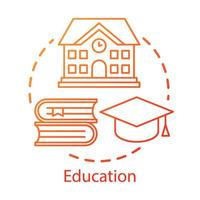 Education concept icon. Knowledge transfer. Teaching, learning skills. School building, books, graduation cap idea thin line illustration. Vector isolated outline drawing. Editable stroke