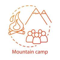 icono del concepto de campamento de montaña. Club de senderismo y camping de verano, ilustración de línea fina de idea de complejo de vacaciones. viajando en montaña, escalada en roca. dibujo de contorno aislado vectorial. trazo editable vector